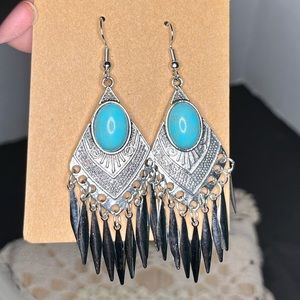 Zuni Style Faux Turquoise Boho Dangle Earrings | Southwestern Silver spikes
